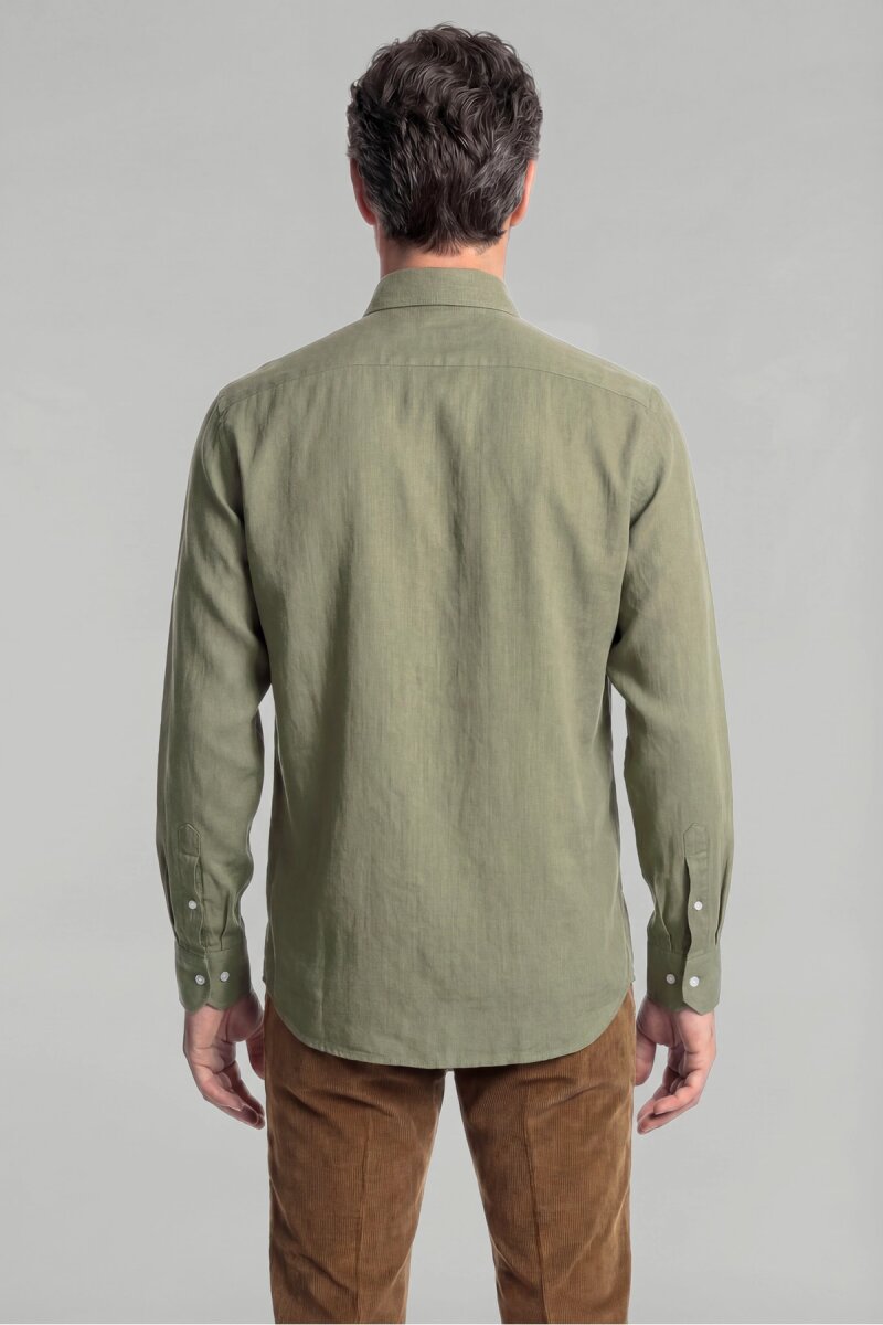 Regular Fit Paşa Yaka Keten Yeşil Erkek Gömlek - 2