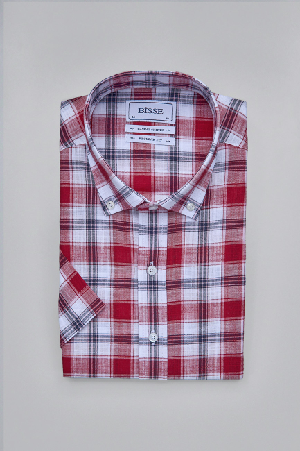 Regular Fit Paşa Yaka Kırmızı Desenli Pamuk Keten Erkek Gömlek - 3