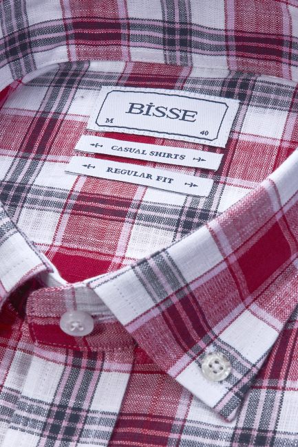 Regular Fit Paşa Yaka Kırmızı Desenli Pamuk Keten Erkek Gömlek - 4