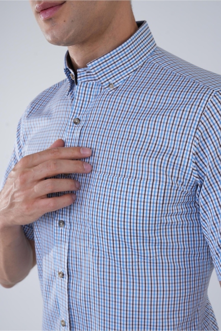 Regular Fit Paşa Yaka Kısa Kol Pamuk Kahve Erkek Gömlek - 4