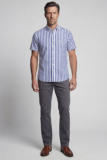 Regular Fit Paşa Yaka Kısa Kollu Pamuk Lacivert Erkek Gömlek (4)