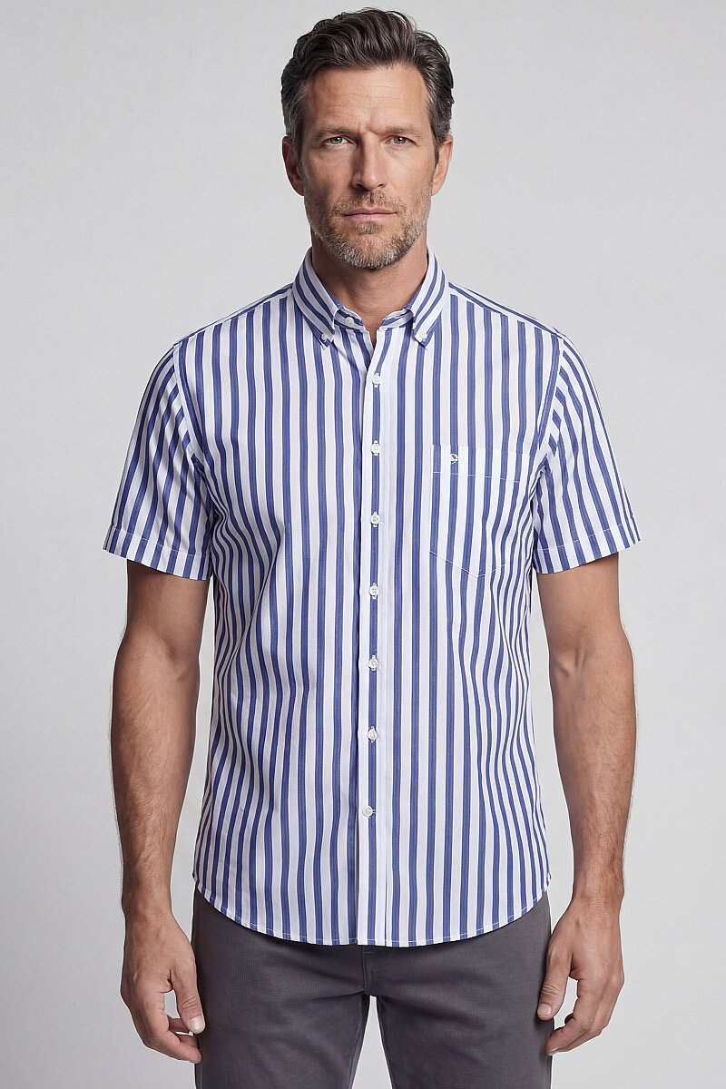 Regular Fit Paşa Yaka Kısa Kollu Pamuk Lacivert Erkek Gömlek - 1