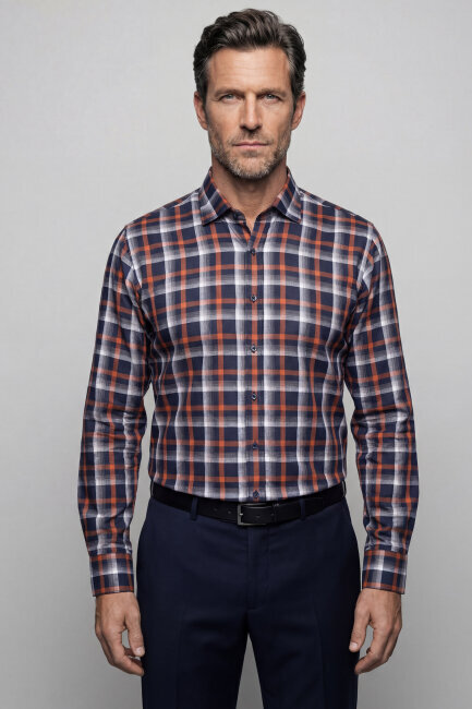 Regular Fit Paşa Yaka Kışlık Ekose Pamuk Kahve Erkek Gömlek