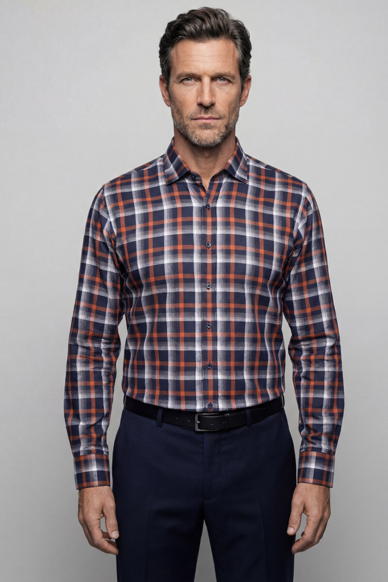 Regular Fit Paşa Yaka Kışlık Ekose Pamuk Kahve Erkek Gömlek - 1