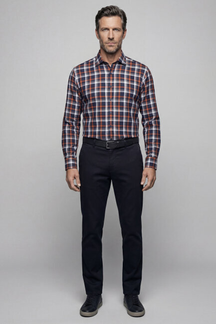 Regular Fit Paşa Yaka Kışlık Ekose Pamuk Kahve Erkek Gömlek - 5