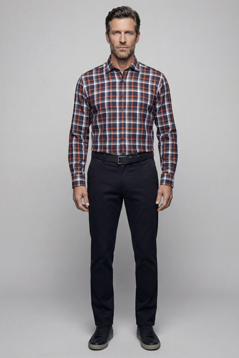 Regular Fit Paşa Yaka Kışlık Ekose Pamuk Kahve Erkek Gömlek - 5