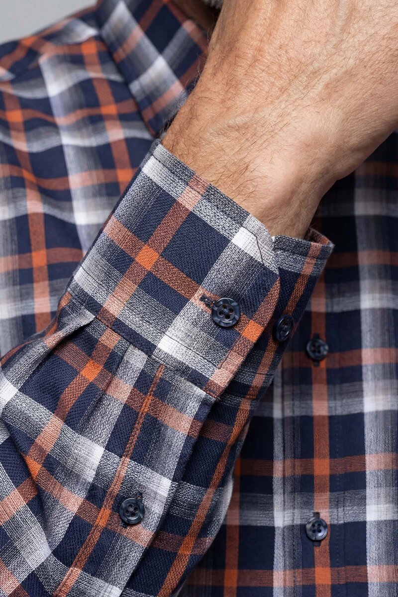 Regular Fit Paşa Yaka Kışlık Ekose Pamuk Kahve Erkek Gömlek - 4