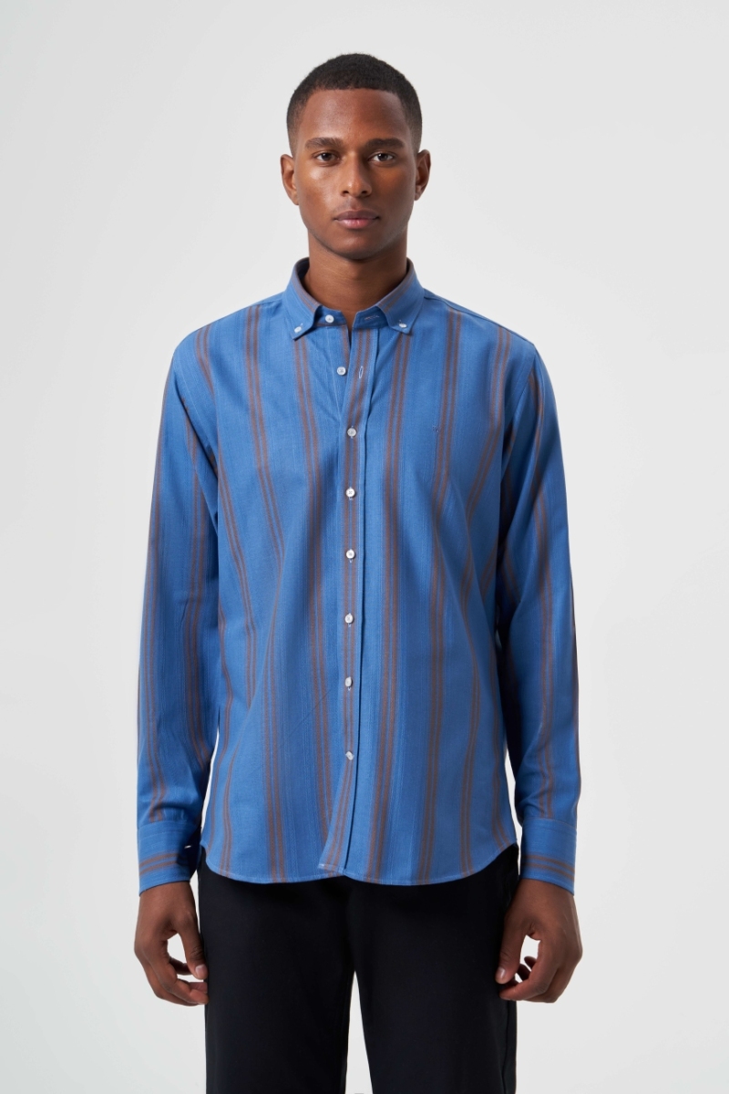 Regular Fit Paşa Yaka Kol İçi Apoletli Açık Mavi Erkek Gömlek - 1