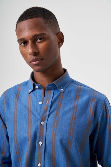 Regular Fit Paşa Yaka Kol İçi Apoletli Açık Mavi Erkek Gömlek - 4