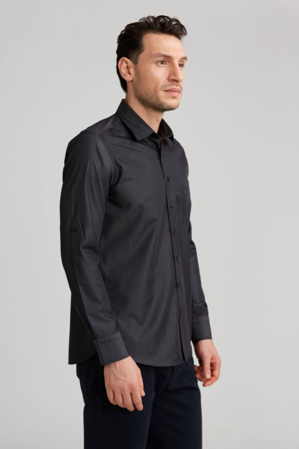 Regular Fit Paşa Yaka Kol İçi Apoletli Antrasit Erkek Gömlek - 3