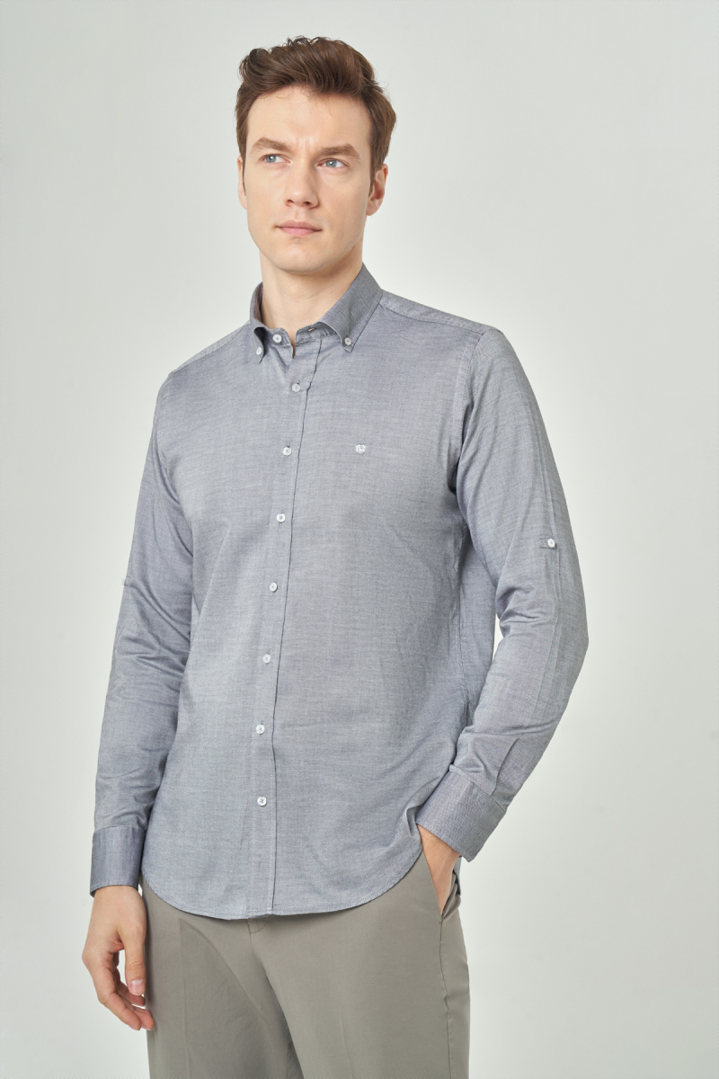 Regular Fit Paşa Yaka Kol İçi Apoletli Gri Erkek Gömlek - 1