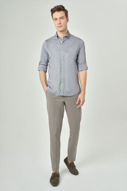 Regular Fit Paşa Yaka Kol İçi Apoletli Gri Erkek Gömlek - 4