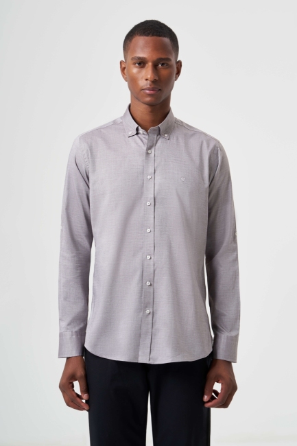 Regular Fit Paşa Yaka Kol İçi Apoletli Kahve Spor Erkek Gömlek 