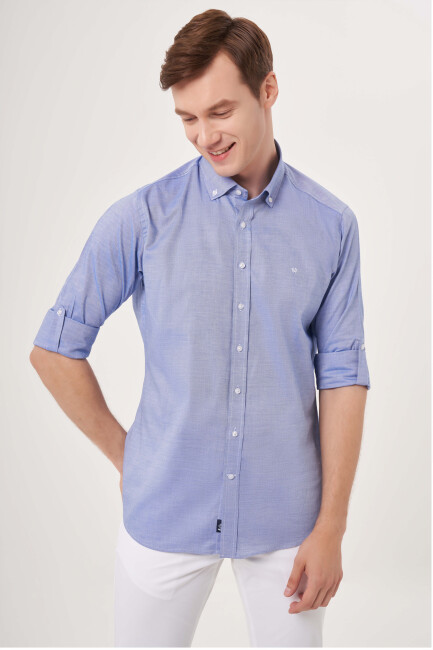 Regular Fit Paşa Yaka Kol İçi Apoletli Mavi Basic Erkek Gömlek 