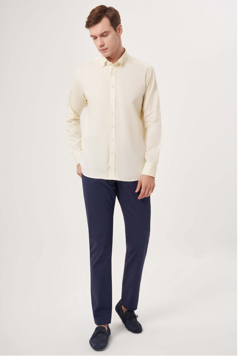 Regular Fit Paşa Yaka Kol İçi Apoletli Sarı Basic Erkek Gömlek - 4