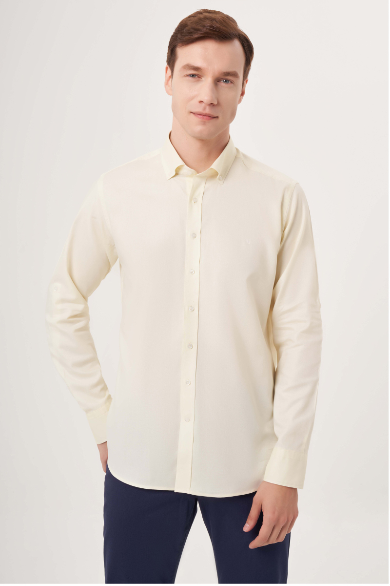 Regular Fit Paşa Yaka Kol İçi Apoletli Sarı Basic Erkek Gömlek - 1