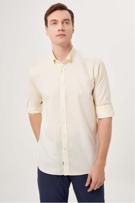 Regular Fit Paşa Yaka Kol İçi Apoletli Sarı Basic Erkek Gömlek - 3