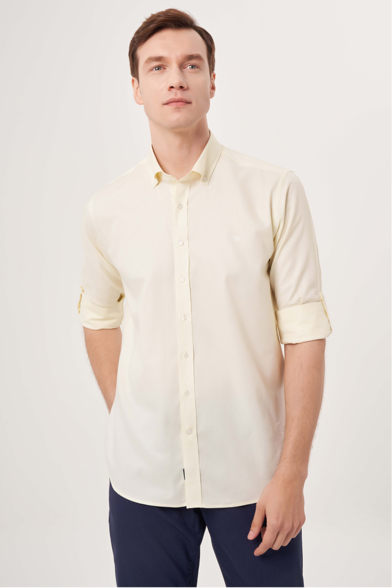 Regular Fit Paşa Yaka Kol İçi Apoletli Sarı Basic Erkek Gömlek - 3