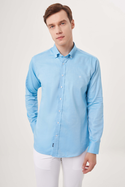 Regular Fit Paşa Yaka Kol İçi Apoletli Turkuaz Erkek Gömlek - 1