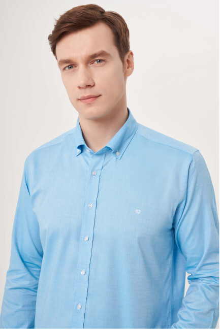 Regular Fit Paşa Yaka Kol İçi Apoletli Turkuaz Erkek Gömlek - 3