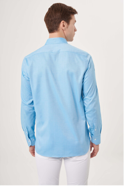 Regular Fit Paşa Yaka Kol İçi Apoletli Turkuaz Erkek Gömlek - 2