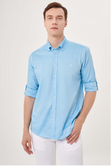 Regular Fit Paşa Yaka Kol İçi Apoletli Turkuaz Erkek Gömlek - 4