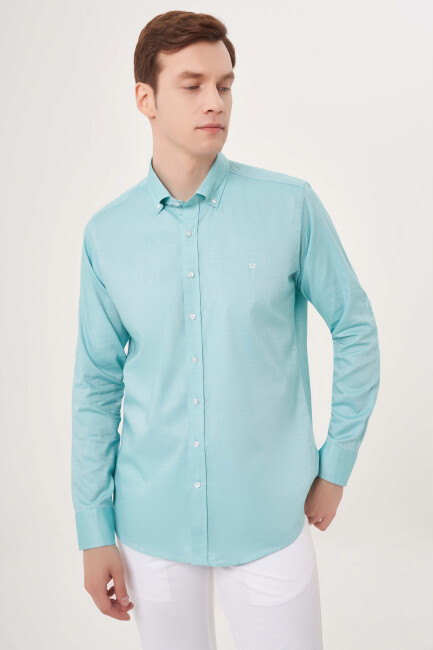 Regular Fit Paşa Yaka Kol İçi Apoletli Yeşil Erkek Gömlek - 1