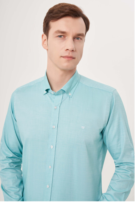 Regular Fit Paşa Yaka Kol İçi Apoletli Yeşil Erkek Gömlek - 3