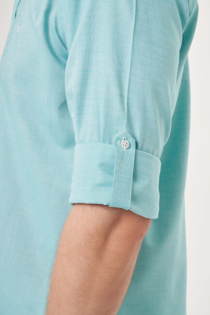 Regular Fit Paşa Yaka Kol İçi Apoletli Yeşil Erkek Gömlek - 5