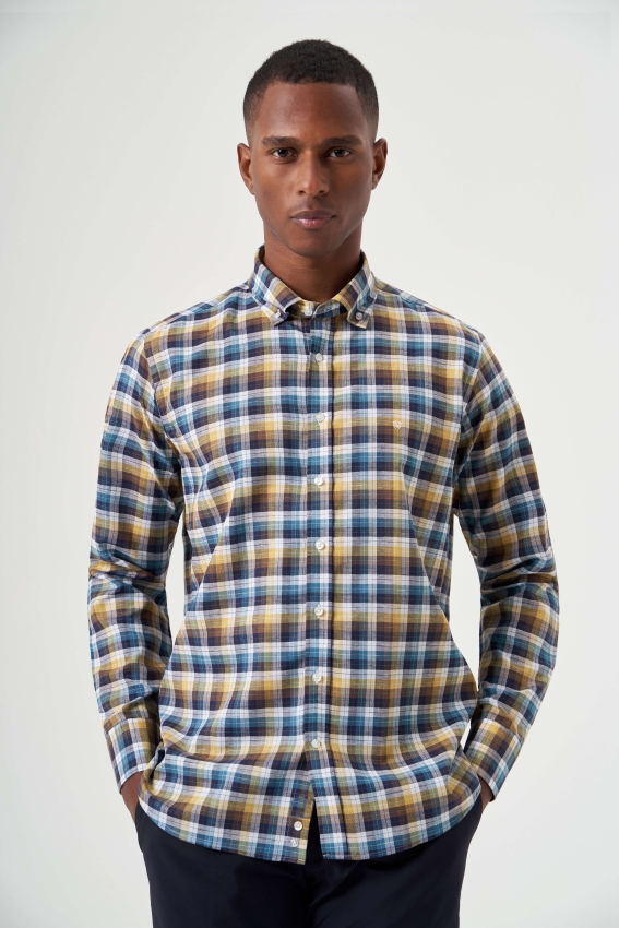 Regular Fit Paşa Yaka Lacivert Ekoseli Spor Erkek Gömlek - 1