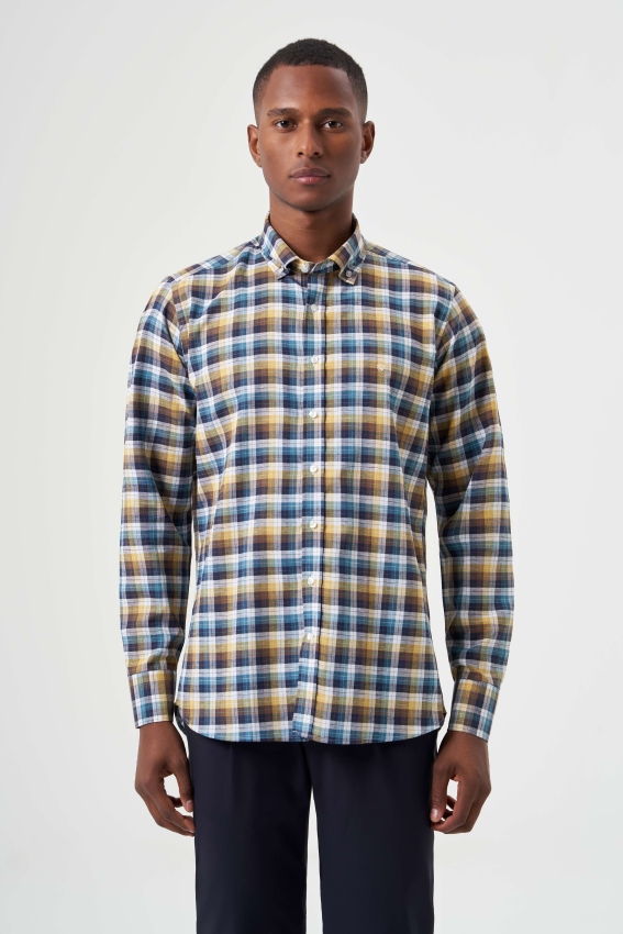 Regular Fit Paşa Yaka Lacivert Ekoseli Spor Erkek Gömlek - 4