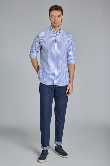 Regular Fit Paşa Yaka Lacivert Pamuk Keten Erkek Gömlek (1)