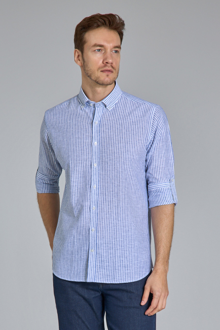 Regular Fit Paşa Yaka Lacivert Pamuk Keten Erkek Gömlek