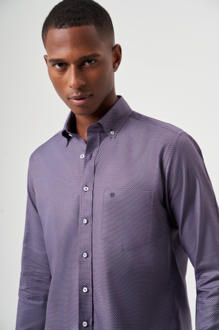 Regular Fit Paşa Yaka Lila Basic Spor Erkek Gömlek - 5