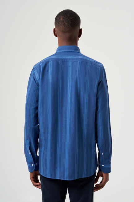 Regular Fit Paşa Yaka Mavi Basic Erkek Gömlek - 2