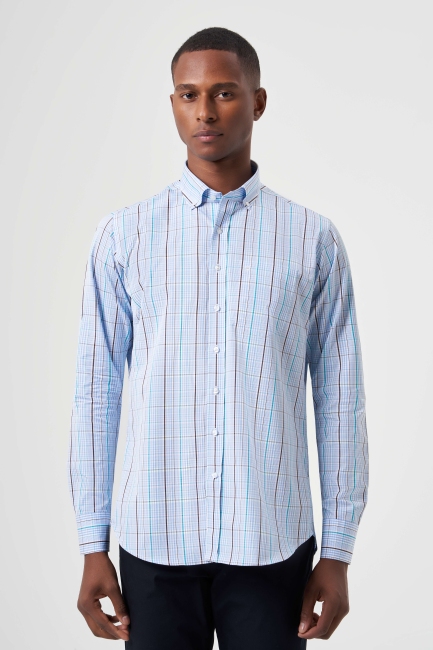 Regular Fit Paşa Yaka Mavi Basic Spor Erkek Gömlek - 1