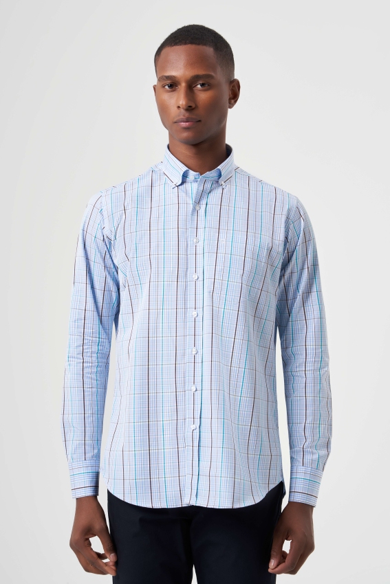 Regular Fit Paşa Yaka Mavi Basic Spor Erkek Gömlek - 1