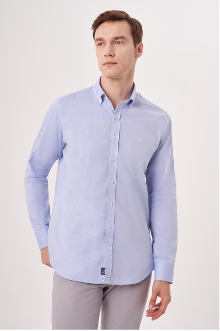 Regular Fit Paşa Yaka Mavi Erkek Gömlek - 4
