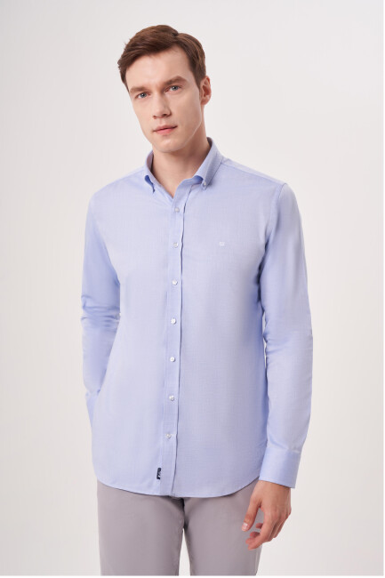 Regular Fit Paşa Yaka Mavi Erkek Gömlek - 1
