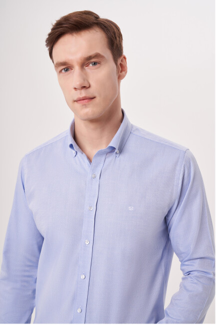 Regular Fit Paşa Yaka Mavi Erkek Gömlek - 3