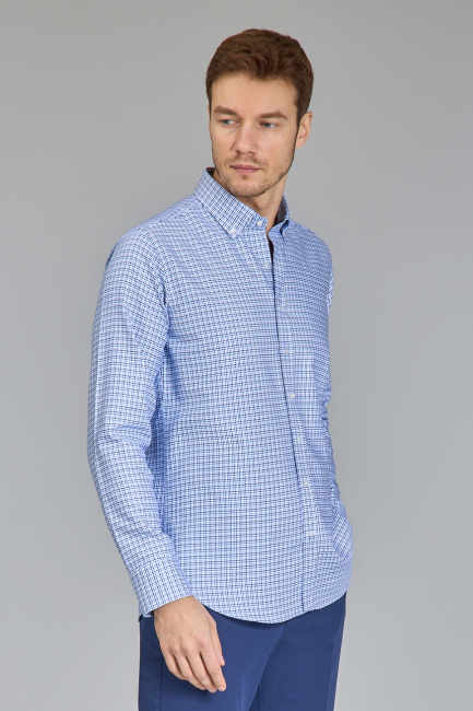 Regular Fit Paşa Yaka Mavi Pamuk Erkek Gömlek - 1