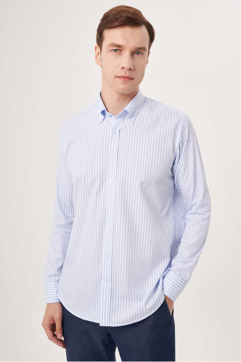 Regular Fit Paşa Yaka Mavi Spor Erkek Gömlek - 1