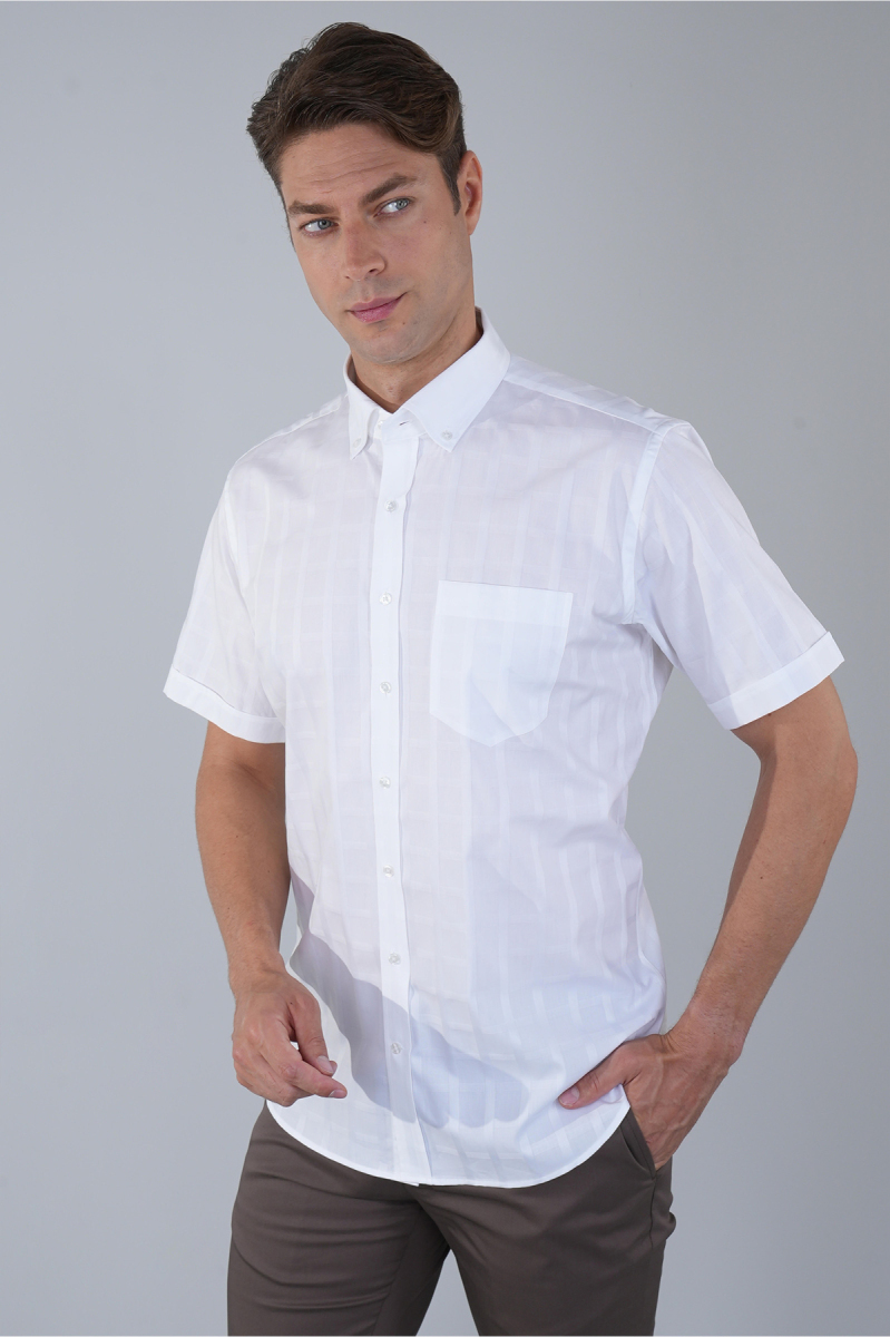 Regular Fit Paşa Yaka Pamuk Beyaz Erkek Gömlek