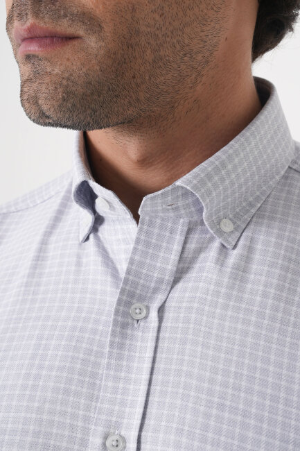 Regular Fit Paşa Yaka Pamuk Gri Erkek Gömlek - 5