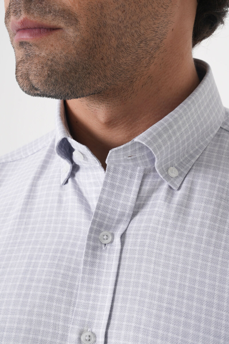 Regular Fit Paşa Yaka Pamuk Gri Erkek Gömlek - 5