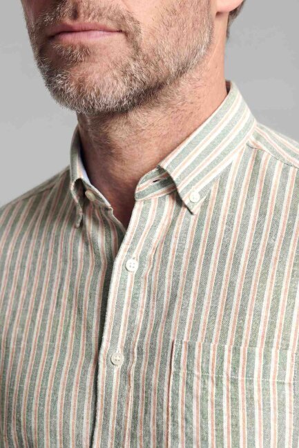 Regular Fit Paşa Yaka Pamuk Keten Yeşil Erkek Gömlek - 3