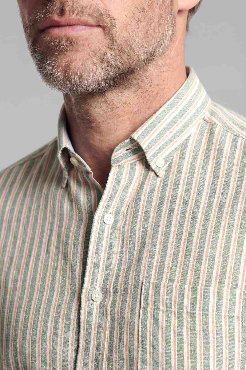 Regular Fit Paşa Yaka Pamuk Keten Yeşil Erkek Gömlek - 3