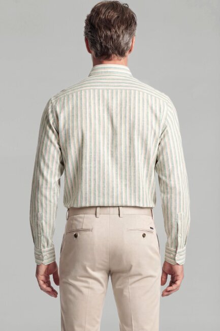 Regular Fit Paşa Yaka Pamuk Keten Yeşil Erkek Gömlek - 2