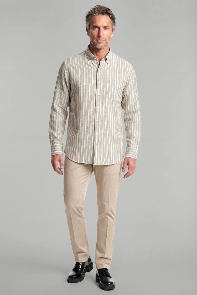 Regular Fit Paşa Yaka Pamuk Keten Yeşil Erkek Gömlek - 4