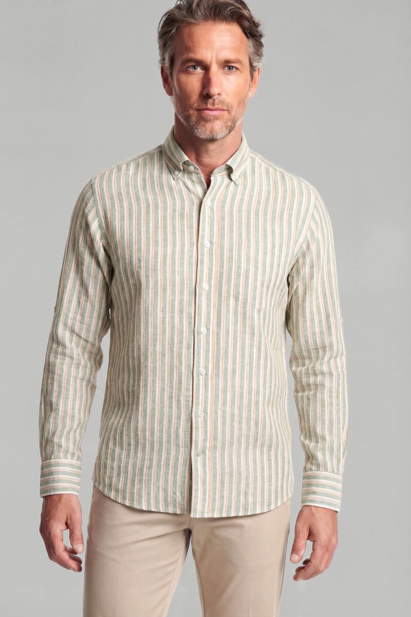 Regular Fit Paşa Yaka Pamuk Keten Yeşil Erkek Gömlek - 1